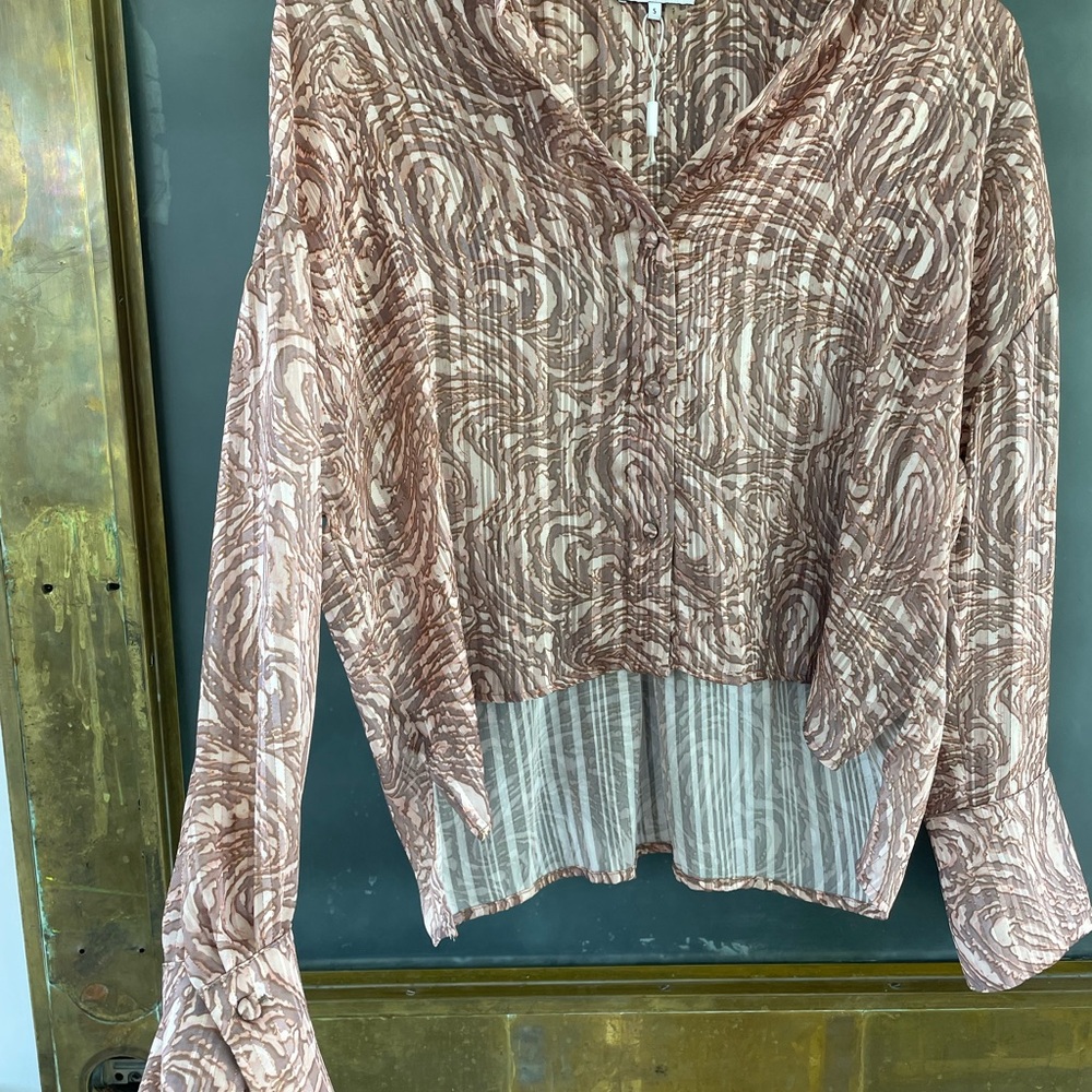 New Parker Sheer Abstract Swirl Button Down Blouse Size Small Metallic Gold - Picture 3 of 6